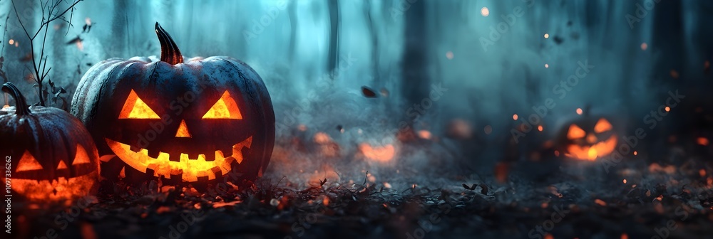 Halloween pumpkins in the forest at night.Halloween background with Evil Pumpkin. Spooky scary dark Night forrest. Holiday event halloween banner background concept Halloween pumpkins in the forest at night.Halloween background with Evil Pumpkin. Spooky scary dark Night forrest. Holiday event halloween banner background concept