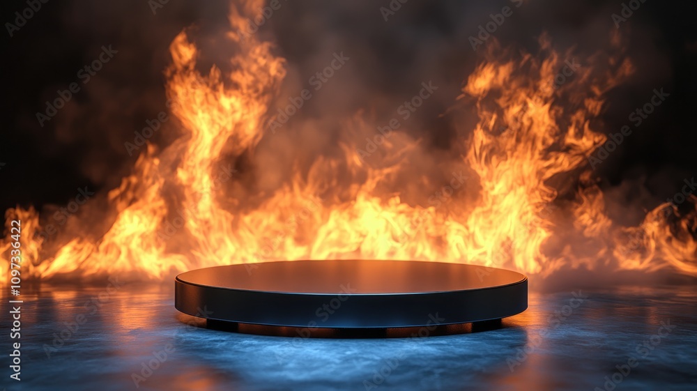 Black Circular Platform Against a Blazing Fire and Smoke Background Black Circular Platform Against a Blazing Fire and Smoke Background