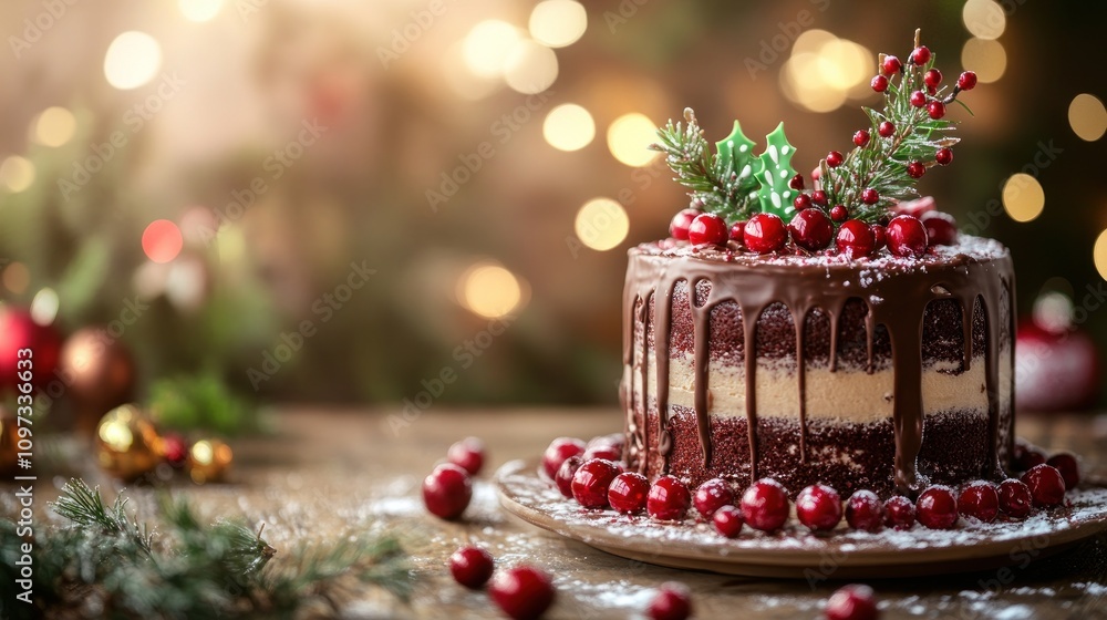 A festive chocolate cake adorned with berries and greenery, set against a warm, holiday backdrop. A festive chocolate cake adorned with berries and greenery, set against a warm, holiday backdrop.