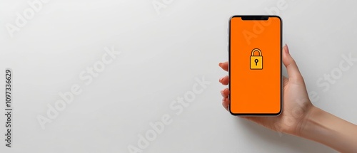 Smartphone with a glowing orange padlock icon, held in front of a solid orange background, emphasizing simplicity, mobile security, and visually striking design