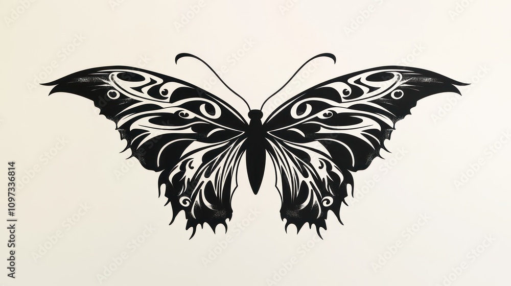 Fototapeta premium Ornate Black Butterfly Design on White Background