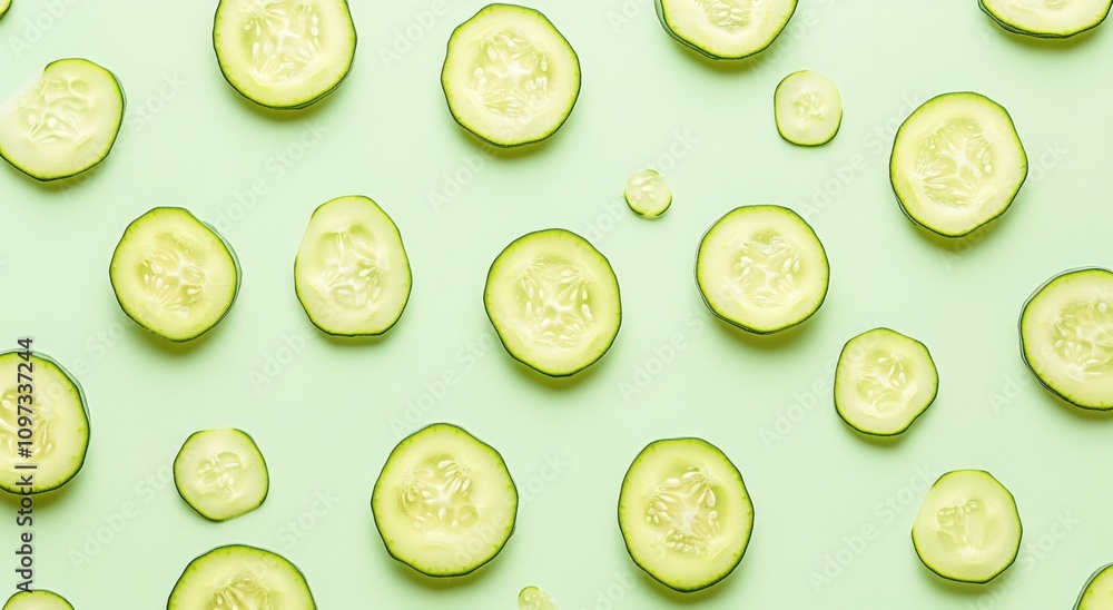 Fresh cucumber slices arranged on a light green background, emphasizing freshness and health. Fresh cucumber slices arranged on a light green background, emphasizing freshness and health.