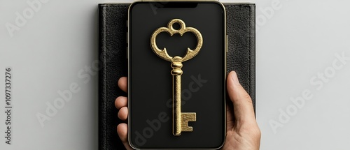 Antique golden key on a black velvet background with intricate details and soft shadows, symbolizing security, mystery, and access in a classic, minimalistic design