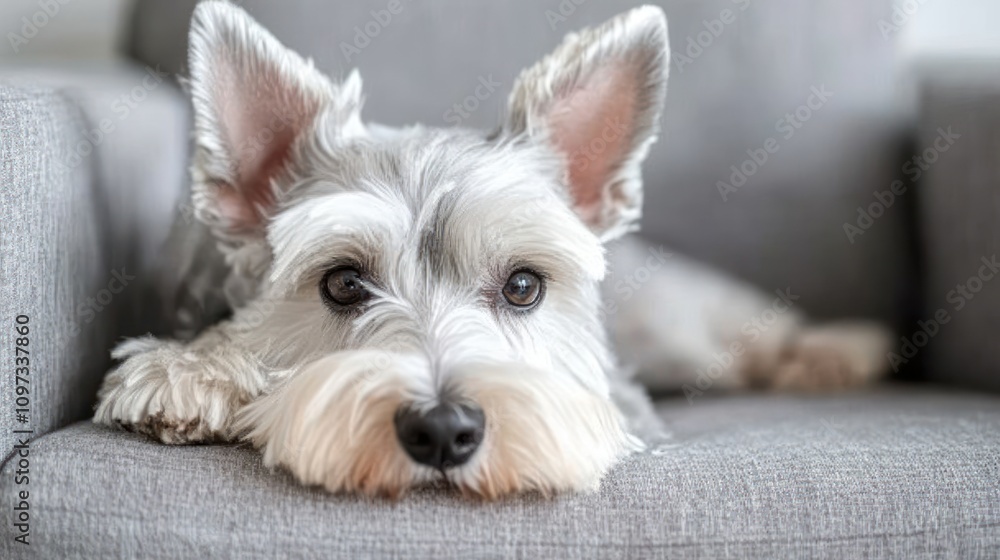 A close-up of a relaxed dog resting on a gray armchair. A close-up of a relaxed dog resting on a gray armchair.