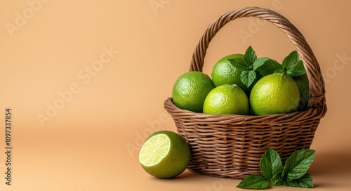 A woven basket filled with fresh limes and mint leaves against a soft orange background.