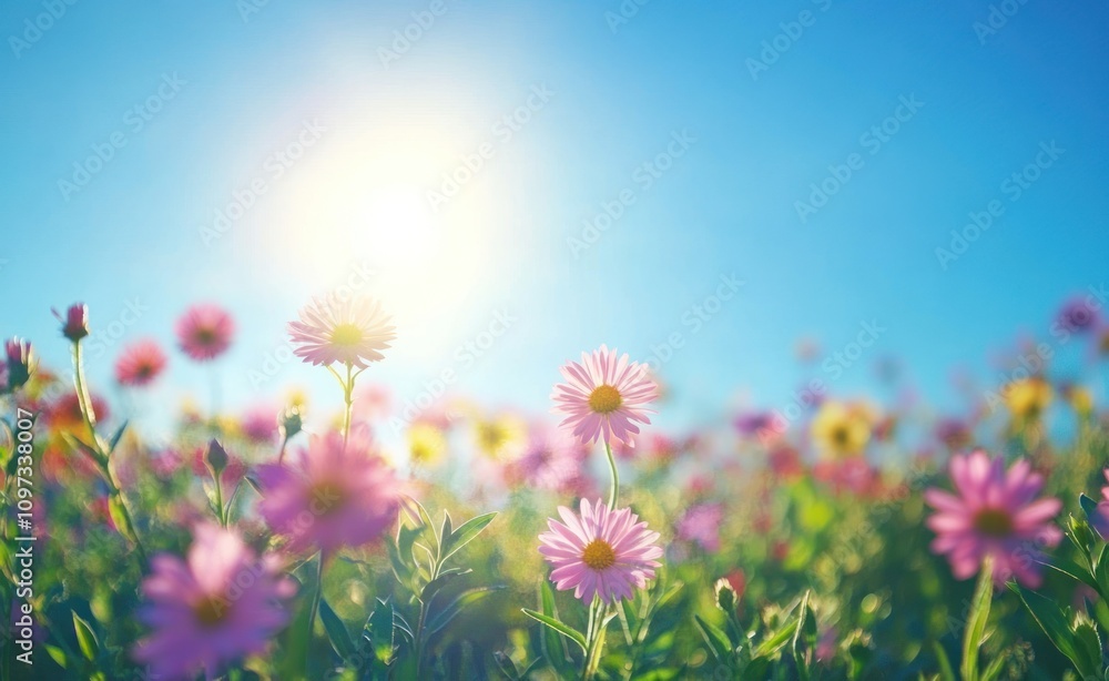 A vibrant field of flowers under a bright sun, evoking feelings of joy and tranquility. A vibrant field of flowers under a bright sun, evoking feelings of joy and tranquility.
