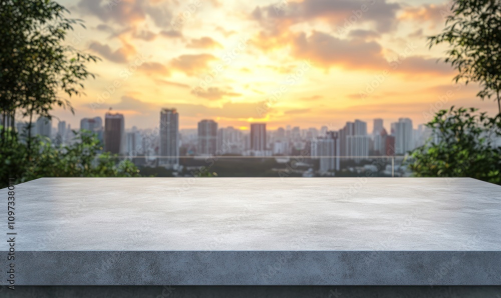 Obraz premium A concrete surface with a city skyline and sunset in the background, ideal for presentations.
