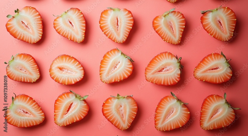 A flat lay of halved strawberries on a pink background, showcasing their vibrant color and texture. A flat lay of halved strawberries on a pink background, showcasing their vibrant color and texture.