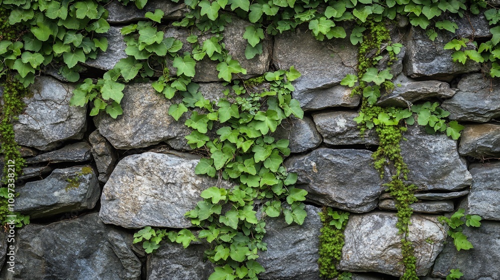 Lush green ivy climbing a rustic stone wall. Lush green ivy climbing a rustic stone wall.