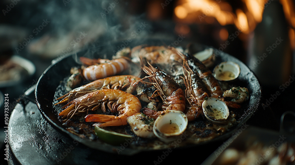 Fresh seafood grilled over fire at a vibrant outdoor market in summer evening