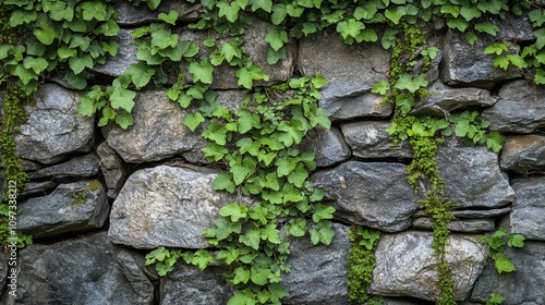 Lush green ivy climbing a rustic stone wall.