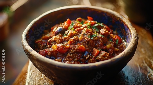 A hearty bowl of chili topped with herbs, showcasing vibrant ingredients and rich textures.