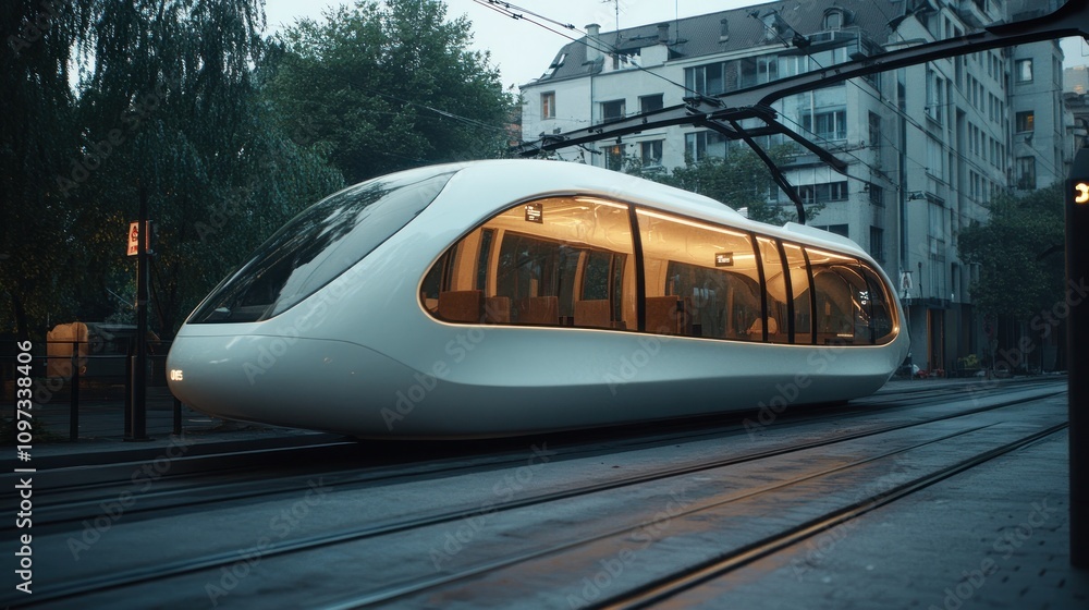 Fototapeta premium Modern tram on tracks near urban buildings at dusk.