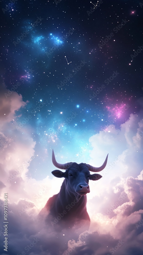 Majestic bull silhouetted against a vibrant, cosmic night sky filled with stars and nebulae, emerging from clouds. Majestic bull silhouetted against a vibrant, cosmic night sky filled with stars and nebulae, emerging from clouds.