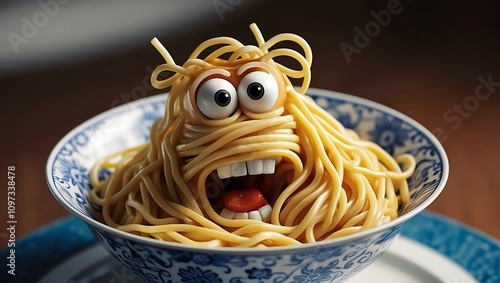 Spaghetti Surprise: A Whimsical Pasta Face with Exaggerated Features and Playful Charm