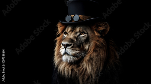 Majestic Lion in Top Hat, Goggles, Steampunk Style Portrait