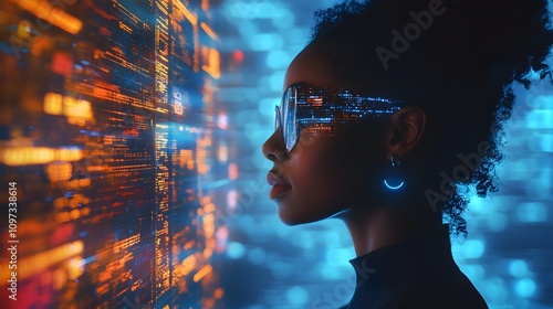 AI cyber security threat illustration, black african american female IT specialist analysing data information technology, augmented reality artificial intelligence collage, side profile, copy space