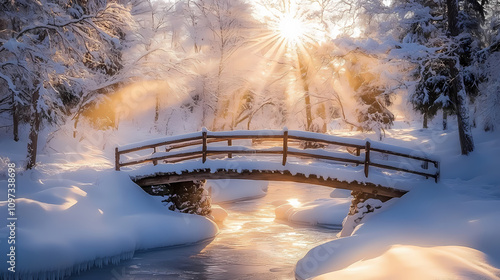 A wooden bridge spans a tranquil stream, snow-covered trees stand as silent witnesses, sunlight bathes the scene in a winter wonderland glow. Silent Frosty Stream. Illustration photo