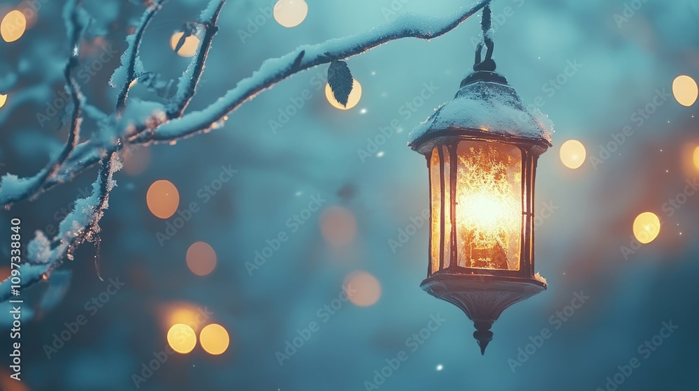 A snow-covered lantern glows warmly in the winter night. Magical winter scene. A snow-covered lantern glows warmly in the winter night. Magical winter scene.