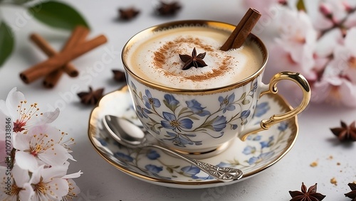 Elegant Tea Time: Ornate Teacup with Cappuccino, Cinnamon, and Cherry Blossoms photo