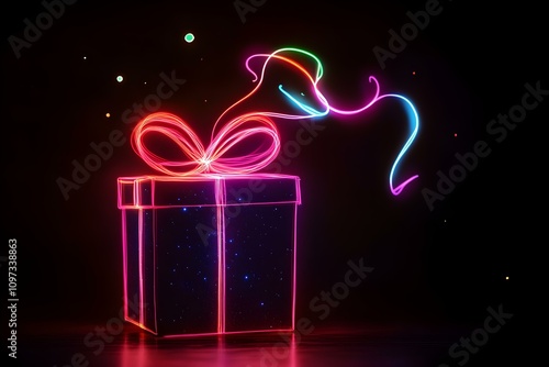 A glowing neon outline of a Christmas gift with a festive bow and ribbon suspended in the darkness --ar 3:2 --s 50