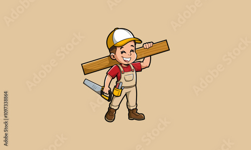 Smiling young carpenter with tools and a wooden plank.