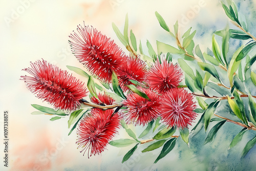 Fototapeta Naklejka Na Ścianę i Meble -  Vibrant watercolor of red bottlebrush flowers with lush green leaves and intricate details