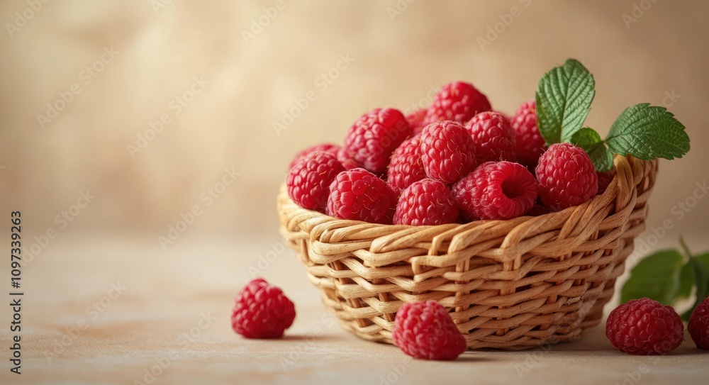 A woven basket filled with fresh raspberries and mint leaves on a soft background. A woven basket filled with fresh raspberries and mint leaves on a soft background.