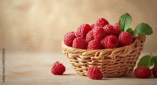 A woven basket filled with fresh raspberries and mint leaves on a soft background.