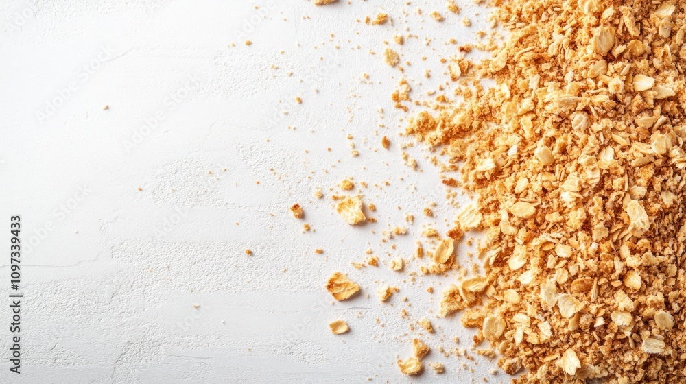 A scattered pile of golden oats on a textured white surface. A scattered pile of golden oats on a textured white surface.