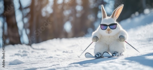 Skiing rabbit wearing sunglasses, fluffy white fur, snow-covered landscape, winter sports, playful animal photo