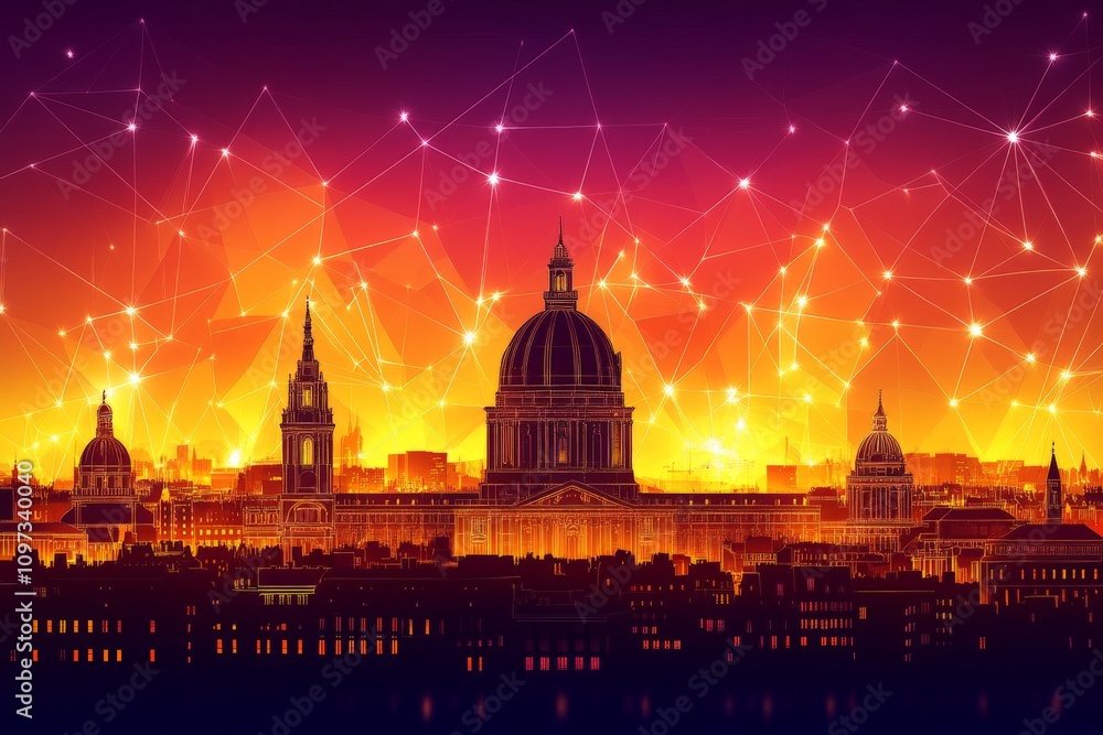 Fototapeta premium Futuristic cityscape of glowing domes under a vibrant purple orange gradient sky blending technology and artistic illumination in a digital design