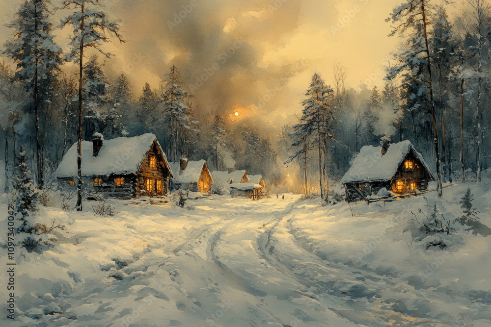 snow-covered winter village with wooden houses, warm light pouring from the windows. snow-covered winter village with wooden houses, warm light pouring from the windows.