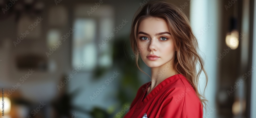 Nurse portrait in red scrubs, showcasing professionalism and beauty. Soft lighting highlights features, background with plants and modern decor. Nurse portrait in red scrubs, showcasing professionalism and beauty. Soft lighting highlights features, background with plants and modern decor.