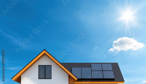 Renewable Energy Market Trends Concept. Modern house with solar panels under a clear blue sky and shining sun.