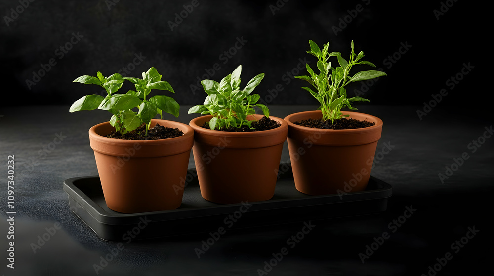 Fototapeta premium Three potted basil plants on a dark tray against a black background.