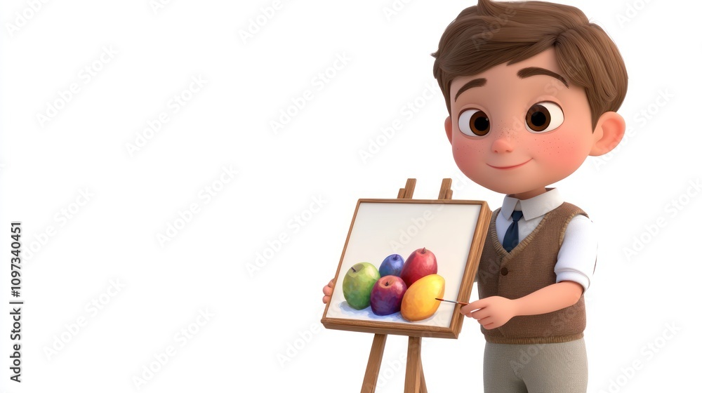 A young boy proudly presents his painting of colorful fruits on an easel. A young boy proudly presents his painting of colorful fruits on an easel.