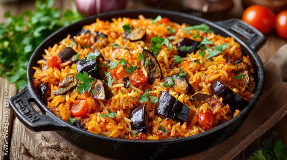 A vibrant dish of rice mixed with vegetables, garnished with herbs, ready to be served. A vibrant dish of rice mixed with vegetables, garnished with herbs, ready to be served.
