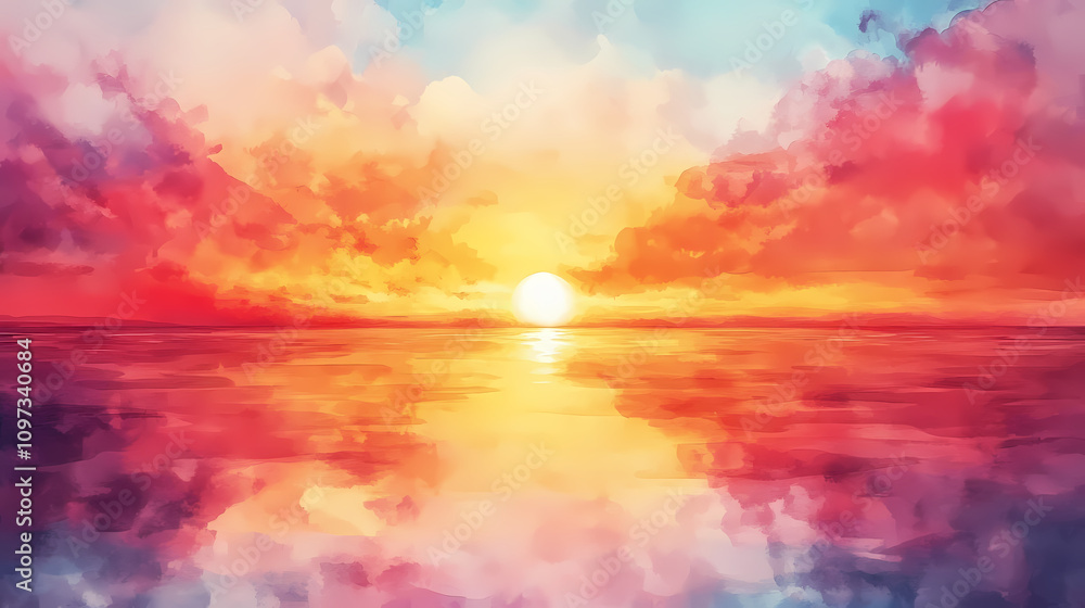 Fototapeta premium Watercolor sunset with radiant sky reflected in tranquil waters. Radiant Sunset Waters. Illustration