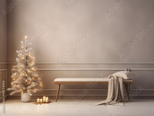 Simple minimalist rustic wabi sabi and japandi inspired living room decorated for Christmas. Neutral rustic stucco walls with couch and christmas decorations. Simple living concept.  photo