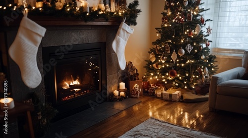 Cozy Christmas scene with a warm fireplace, decorated tree, and stockings hung with care.