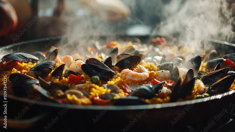 Seafood paella being prepared in a vibrant kitchen with steam rising in the evening light Seafood paella being prepared in a vibrant kitchen with steam rising in the evening light