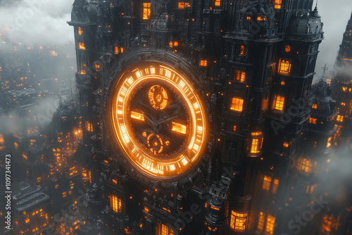 a majestic and gloomy city with massive buildings, one of which is decorated with a giant glowing orange clock.   photo