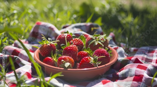 a picnic spread on a sunny day with a checkered blanket  photo