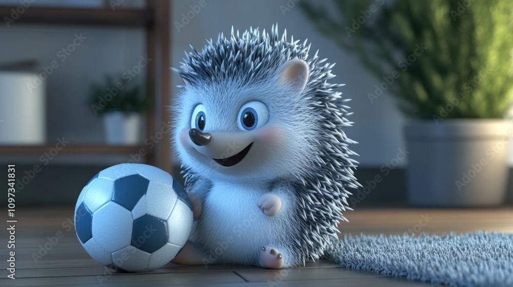A cute animated hedgehog happily playing with a soccer ball in a cozy indoor setting. A cute animated hedgehog happily playing with a soccer ball in a cozy indoor setting.