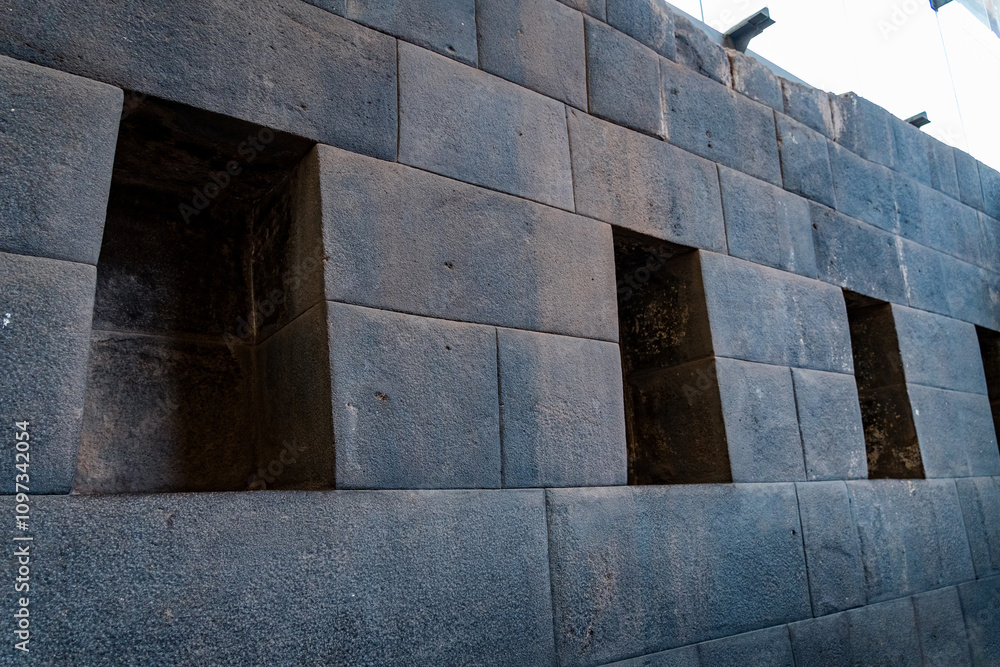 Inca wall built with large stone blocks, Inca religious architecture, Qoricancha. Inca wall built with large stone blocks, Inca religious architecture, Qoricancha.