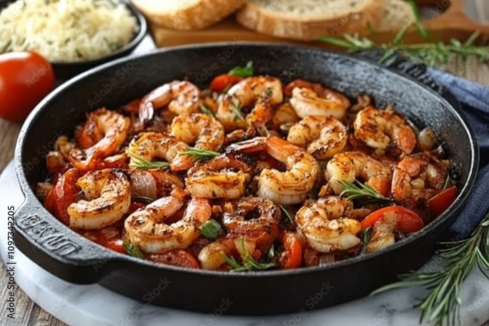 Pan seared garlic shrimp with a buttery sauce and fresh herbs served in a rustic skillet surrounded by vibrant vegetables and garnished with rosemary for a classic Mediterranean touch Pan seared garlic shrimp with a buttery sauce and fresh herbs served in a rustic skillet surrounded by vibrant vegetables and garnished with rosemary for a classic Mediterranean touch
