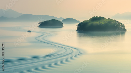 瀬戸内海、朝日に染まる静かな海と島々