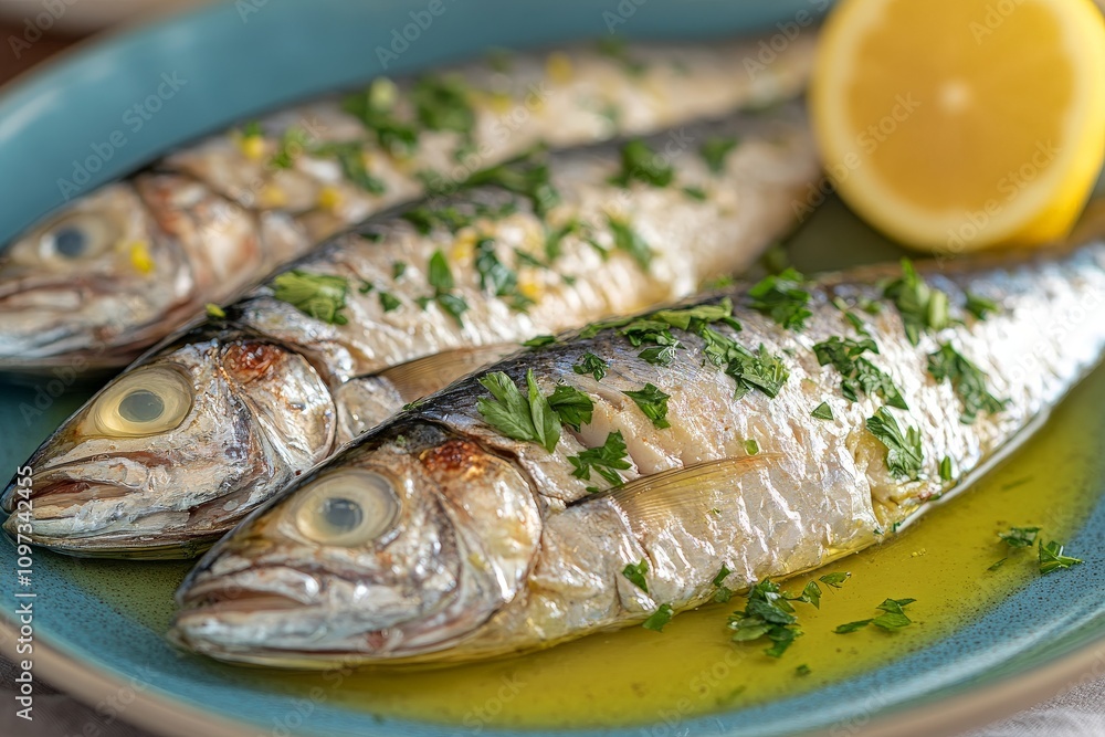 Whole steamed mackerel with fresh parsley lemon juice drizzle and olive oil served on a white ceramic dish styled with bright lighting and a minimalistic rustic kitchen backdrop Whole steamed mackerel with fresh parsley lemon juice drizzle and olive oil served on a white ceramic dish styled with bright lighting and a minimalistic rustic kitchen backdrop