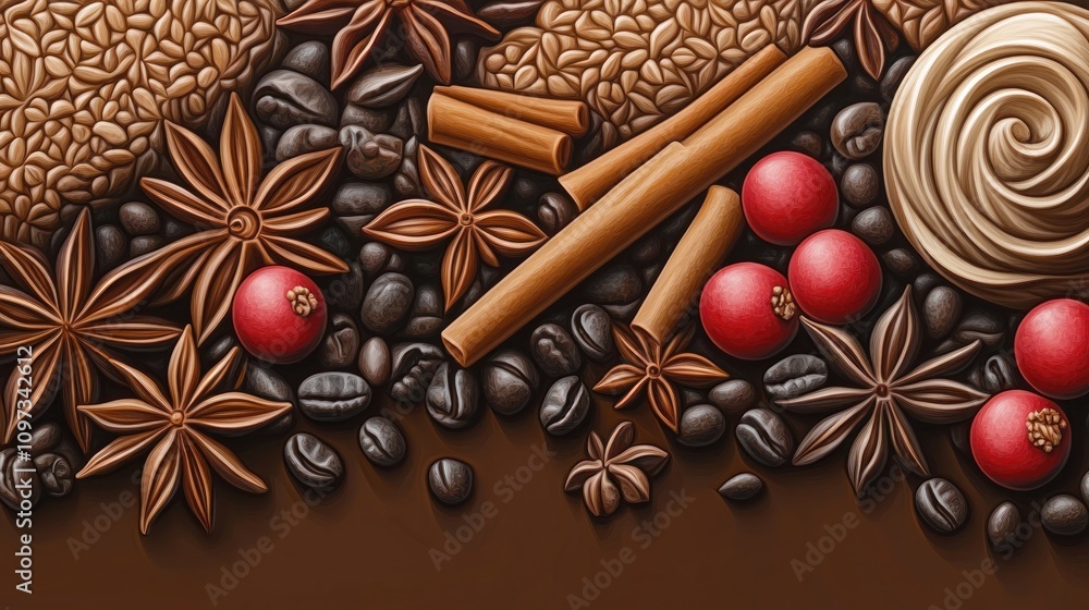 A vibrant arrangement of spices, coffee beans, and decorative elements for culinary inspiration. A vibrant arrangement of spices, coffee beans, and decorative elements for culinary inspiration.